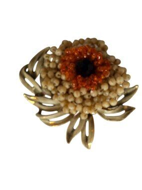 Vendome Flower Brooch Gold Tone Beaded Pin Orange Black Rhinestone Vintage Signe